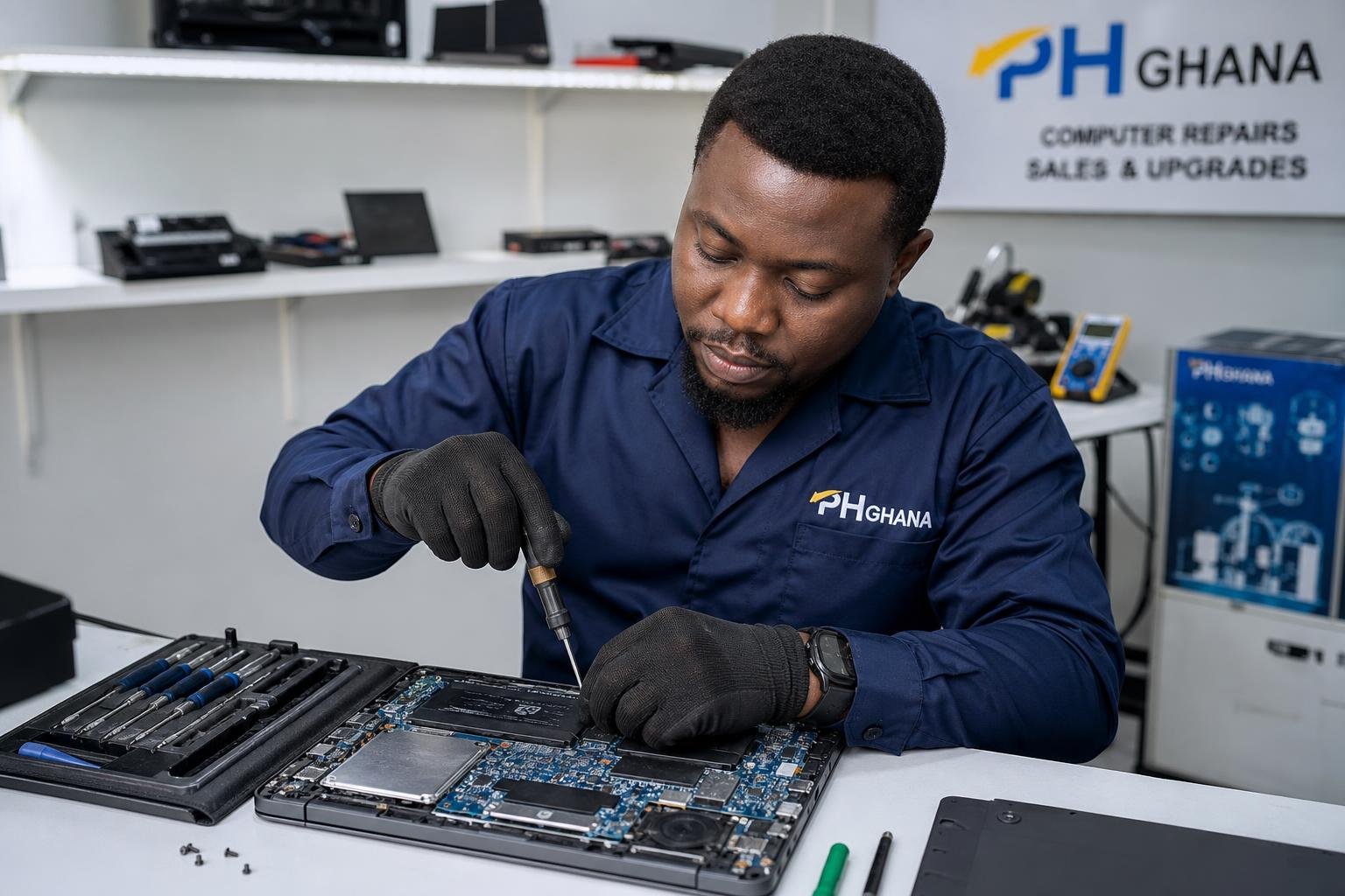 PhGhana technician repairing a laptop