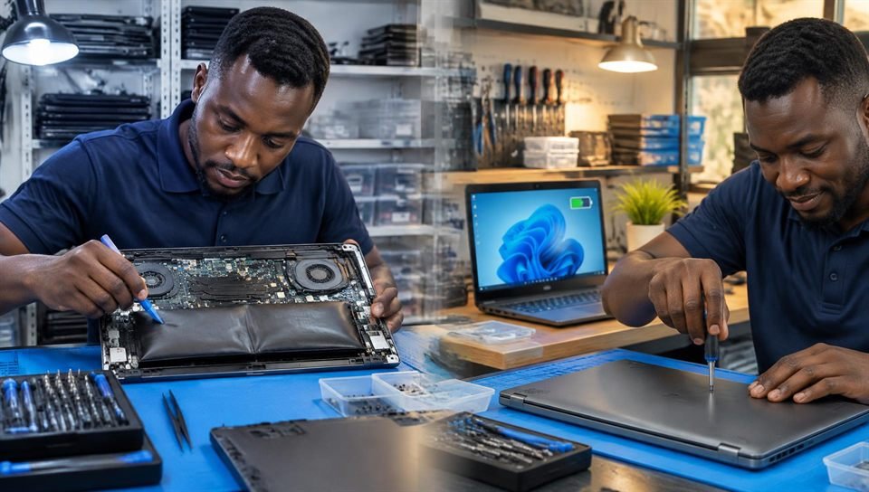 Laptop battery replacement: swollen battery being removed, then the laptop charging normally