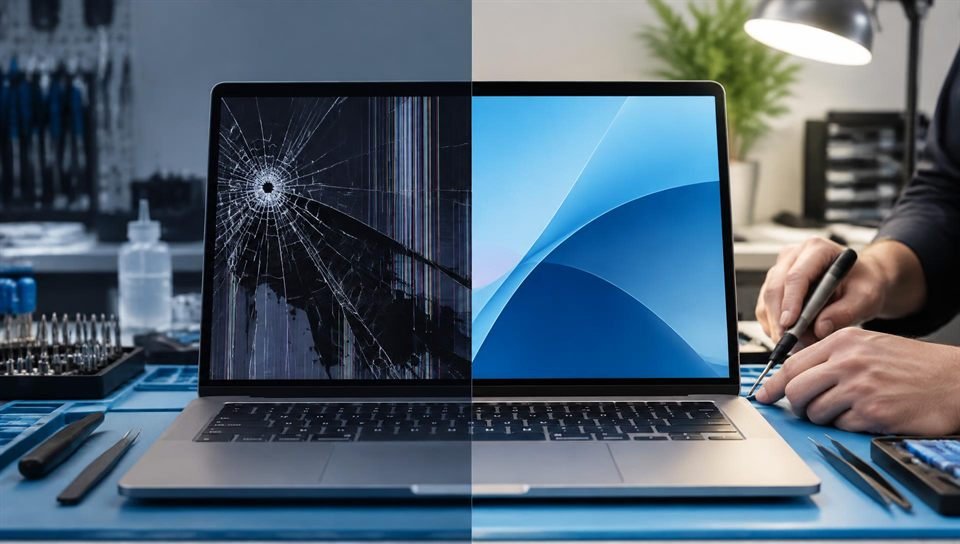 Laptop screen replacement: cracked screen with lines, then a new working screen