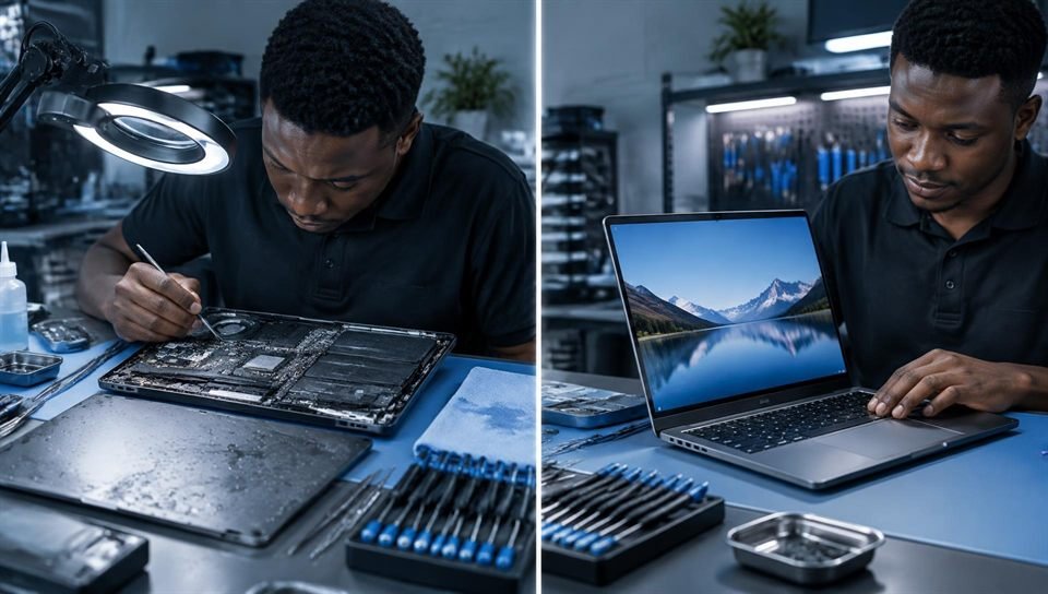 Water-damaged laptop repair: liquid-damaged board being cleaned, then the laptop working again